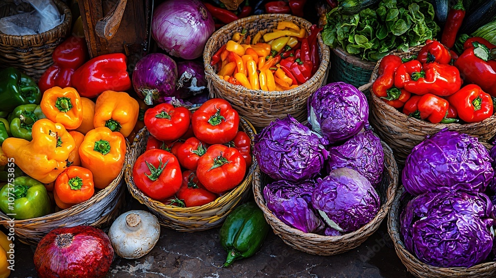 Fototapeta premium Fruit and vegetables overflow in several baskets atop the table
