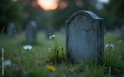 Simple Grey Headstone with Rounded Top in Graveyard , Crafted From smooth stone, RIP photo