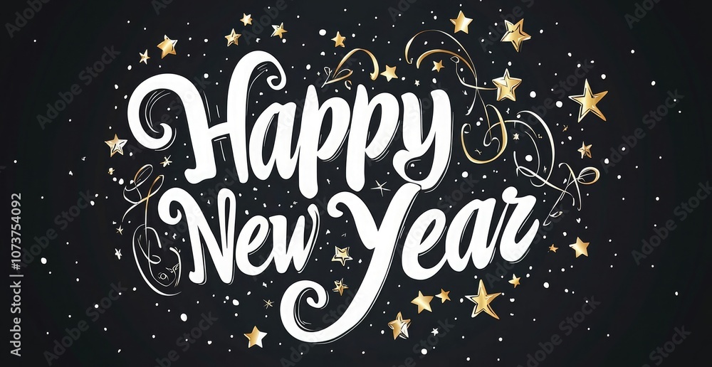 Happy New Year lettering, vector illustration, gold and black colors, white background Happy New Year lettering, vector illustration, gold and black colors, white background