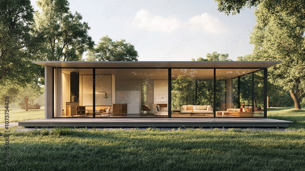 A modern, minimalist glass and concrete house with a large open floor plan sits on a grassy lawn surrounded by trees. A modern, minimalist glass and concrete house with a large open floor plan sits on a grassy lawn surrounded by trees.