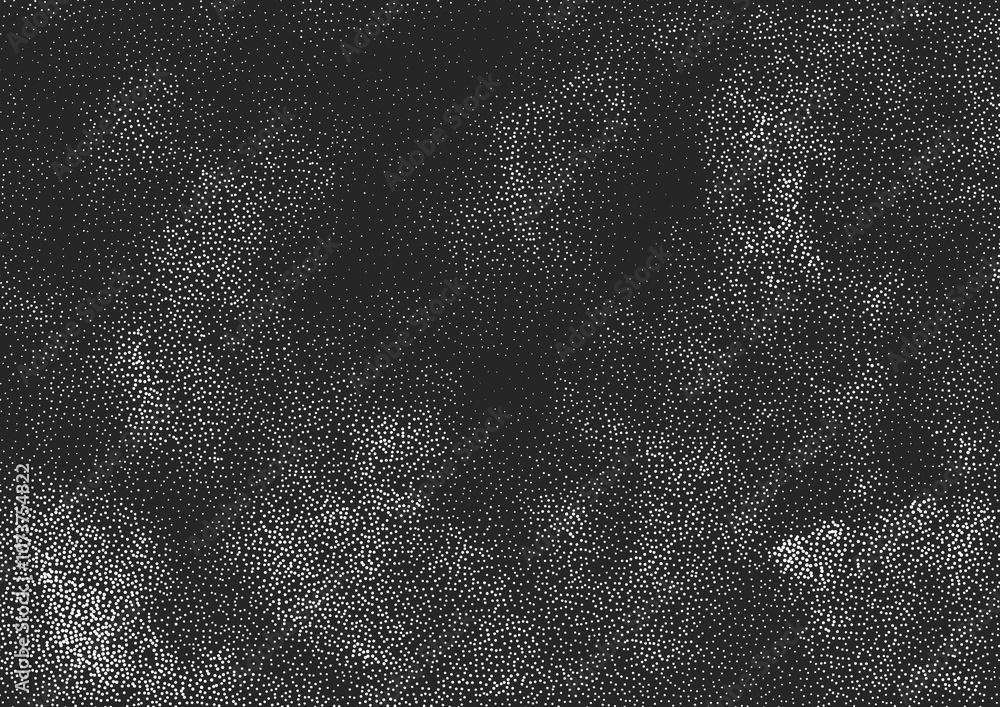 Grainy white texture on black background. Grunge dotted effect, abstract layout with small dots. Vector illustration
