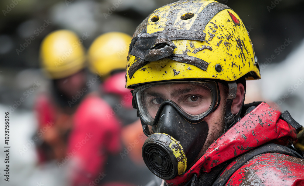 Rescue Worker in Muddy Gear: Close-up of a rescue worker in a muddy helmet and protective mask, symbolizing dedication in challenging conditions. Rescue Worker in Muddy Gear: Close-up of a rescue worker in a muddy helmet and protective mask, symbolizing dedication in challenging conditions.
