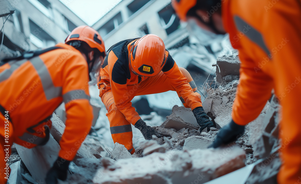 Rescue Workers Clearing Earthquake Rubble: Team of rescue workers in orange uniforms and helmets lifting debris after an earthquake to find survivors. Rescue Workers Clearing Earthquake Rubble: Team of rescue workers in orange uniforms and helmets lifting debris after an earthquake to find survivors.