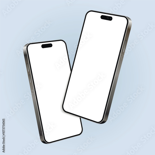 Two smartphones mockup with blank screens while levitating in the air on a blue background
