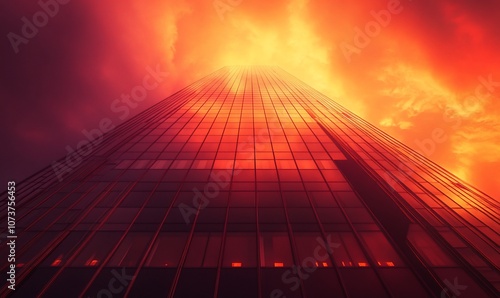 Wallpaper Mural A tall skyscraper reaches up to the sky, with a fiery sunset in the background. The building is made of glass and steel, and the sun is casting a warm glow on the city. Torontodigital.ca