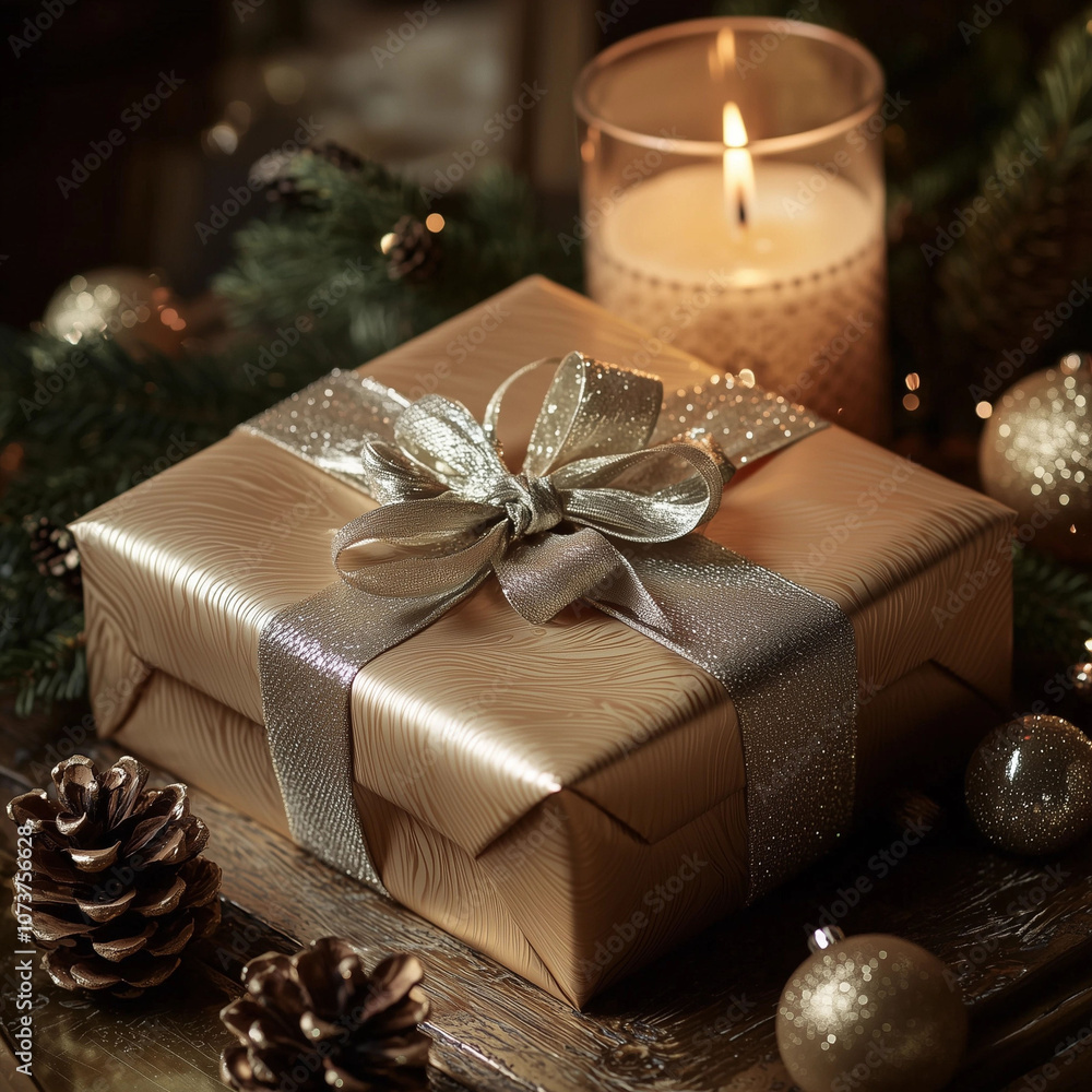 Luxurious gold-wrapped present with a shimmering silver ribbon Luxurious gold-wrapped present with a shimmering silver ribbon