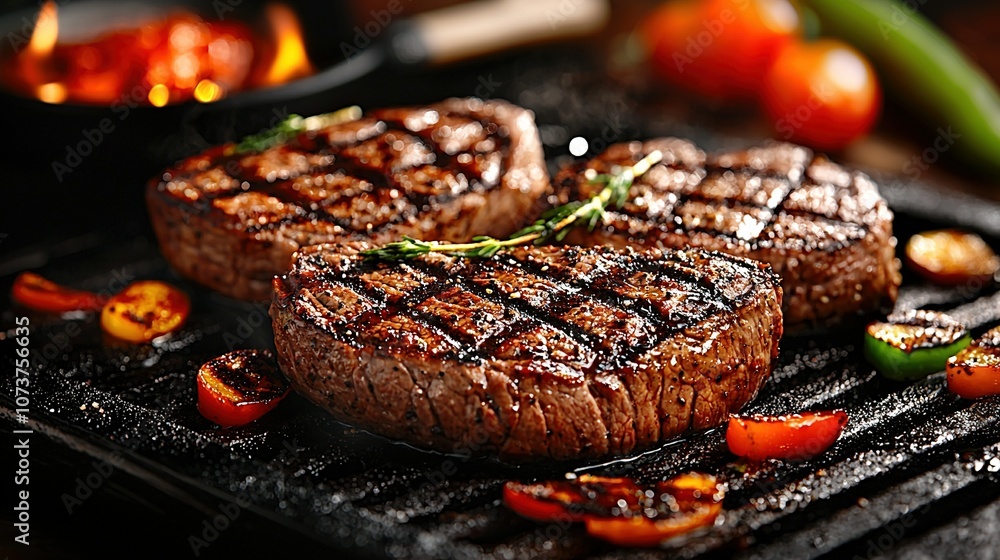 Two steaks sit atop a grill beside peppers and a hot pepper Two steaks sit atop a grill beside peppers and a hot pepper