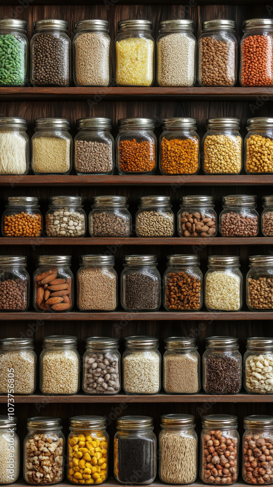 Organized glass jars filled with grains, nuts, and spices on open kitchen shelves enhance culinary aesthetics and convenience Organized glass jars filled with grains, nuts, and spices on open kitchen shelves enhance culinary aesthetics and convenience