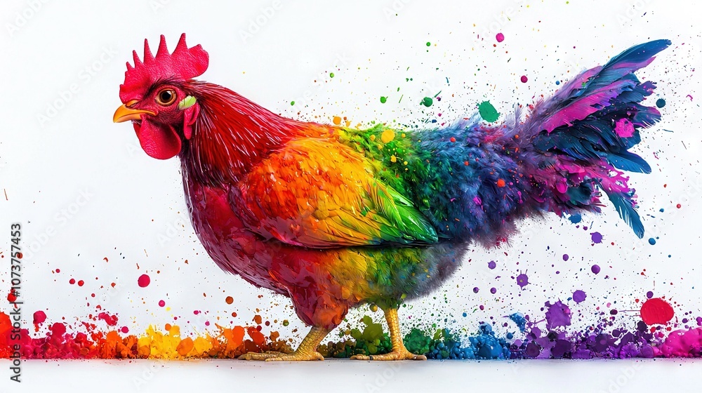 Fototapeta premium A multicolored rooster standing in front of a white background with paint splatters