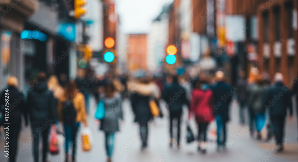 A vibrant urban street scene with people walking, all captured in a blur. A vibrant urban street scene with people walking, all captured in a blur.