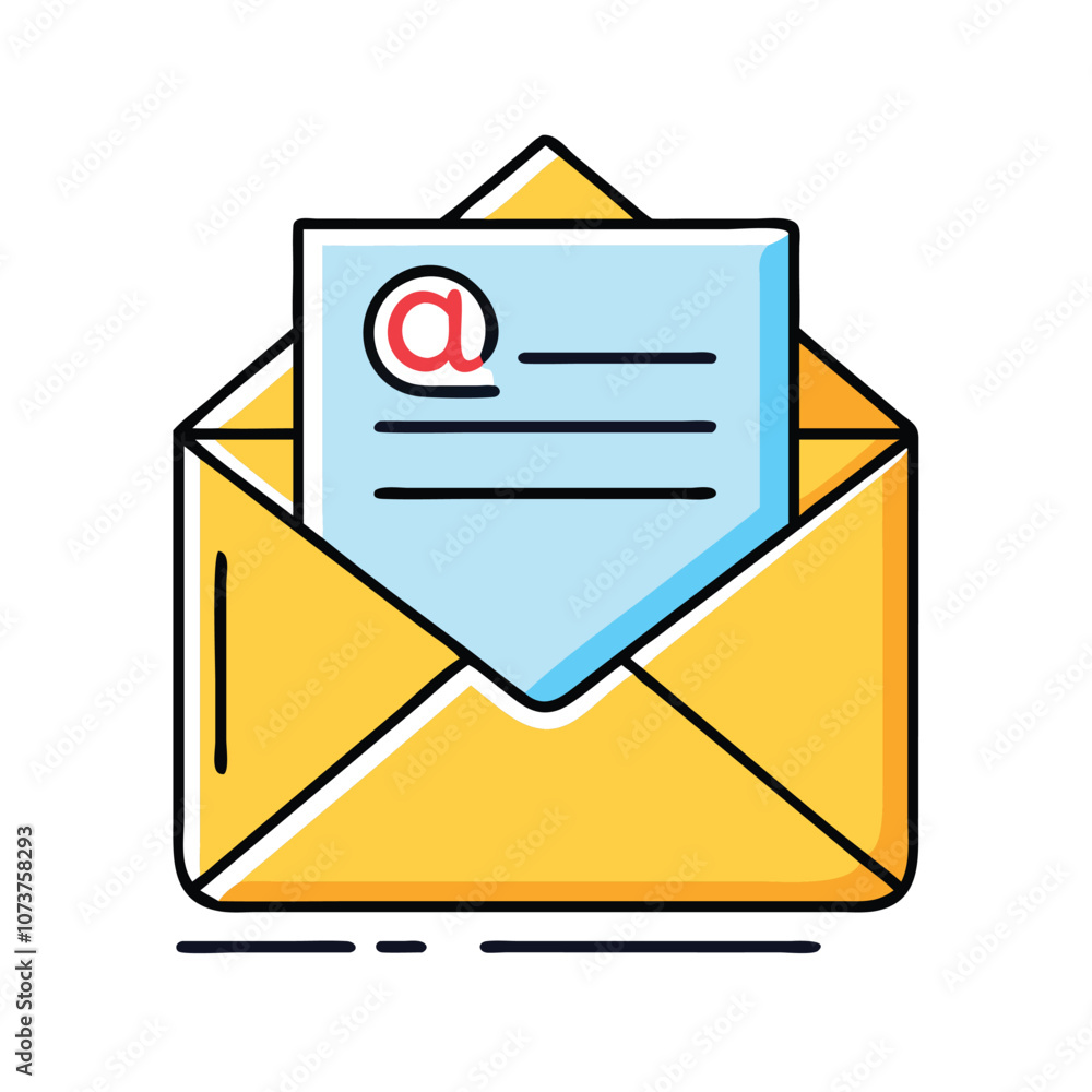 Open email icon with at symbol letter, Vector illustration of an open email icon with a letter featuring an Open email icon with at symbol letter, Vector illustration of an open email icon with a letter featuring an