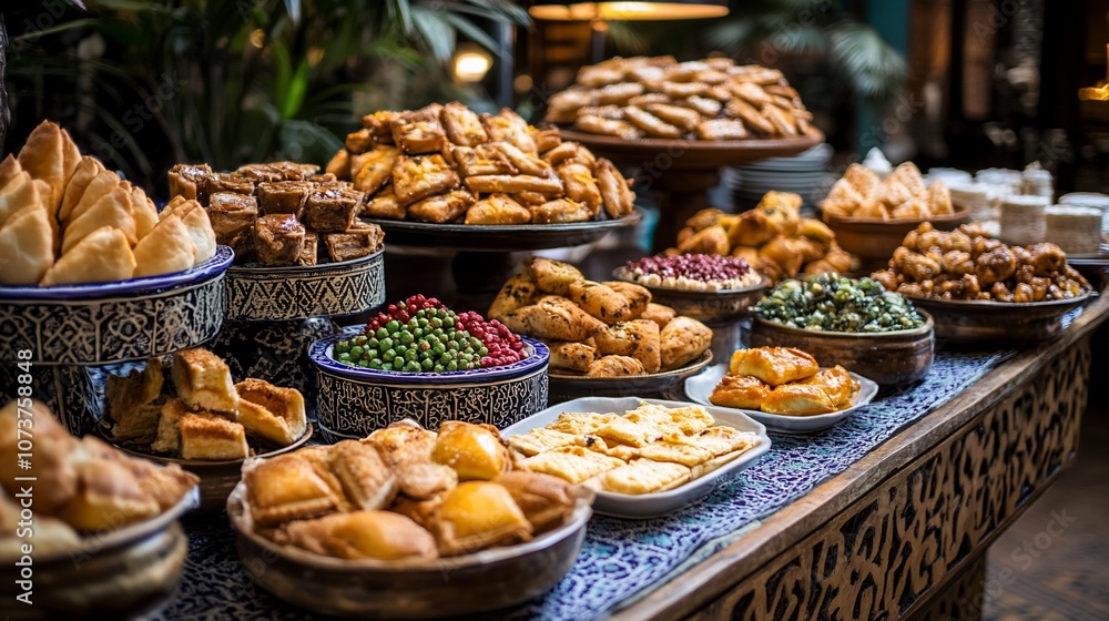 A table overflowing with an assortment of pastries, cookies, and sweets, perfect for a celebratory feast. A table overflowing with an assortment of pastries, cookies, and sweets, perfect for a celebratory feast.
