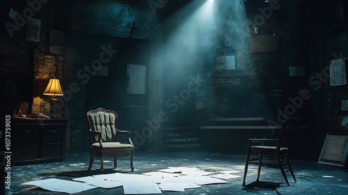 A single spotlight illuminates a dimly lit room with two chairs and scattered papers on the floor. The room is decorated with a lamp and drawings on the walls.