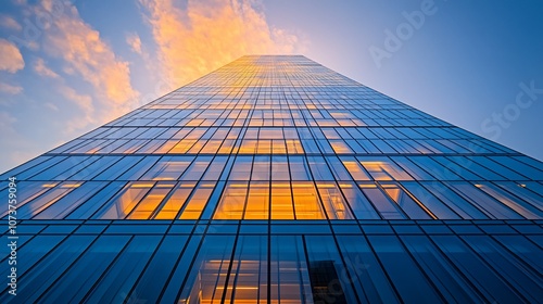 Wallpaper Mural Low angle view of a modern glass skyscraper with orange sunset clouds reflecting in the windows. Torontodigital.ca