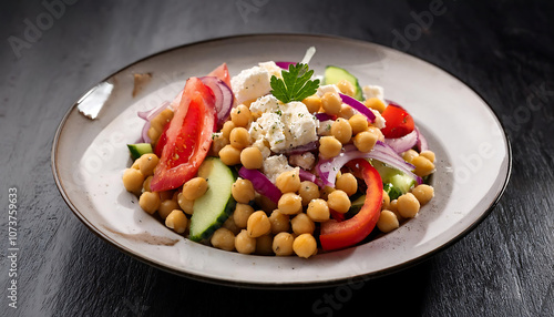  A refreshing chickpea salad featuring cucumbers, tomatoes, red onion, crumbled feta cheese,_1(152)