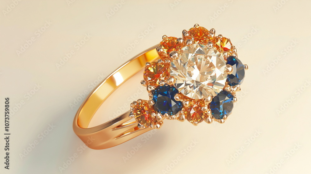 A gold ring with a large clear gemstone surrounded by smaller blue and orange gemstones. A gold ring with a large clear gemstone surrounded by smaller blue and orange gemstones.