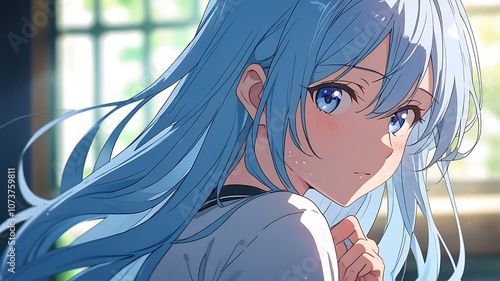 anime-style girl with long blue hair and bright blue eyes photo