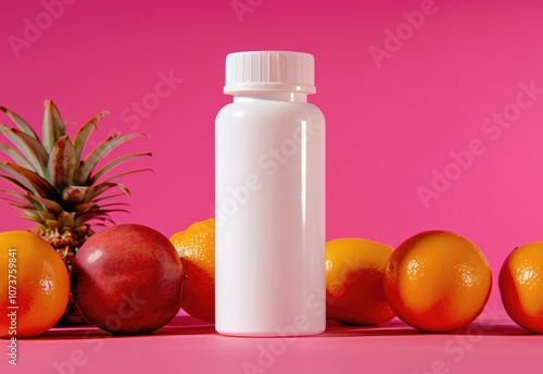 Bright multivitamin bottle surrounded by fresh fruit promotes healthy living