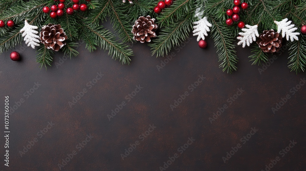 A festive arrangement of pine branches, pine cones, and red berries on a dark background, ideal for holiday decorations. A festive arrangement of pine branches, pine cones, and red berries on a dark background, ideal for holiday decorations.