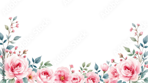 Watercolor Pink Floral Garland Border. Rose and Peony Bouquet with Greenery, Elegant Frame for Greeting Cards and Wedding Invitations, Transparent Background
