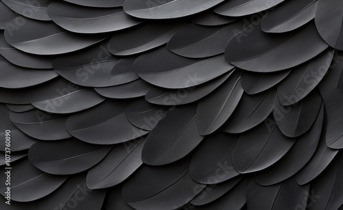 Black Feathers Texture: Close-up texture of layered black feathers, showing intricate details and natural pattern. photo