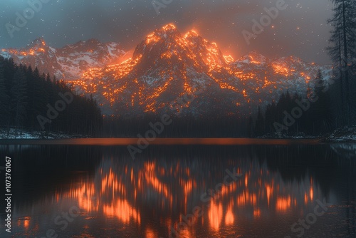 Majestic snowy peaks illuminated by fiery glow reflected on tranquil lake at twilight