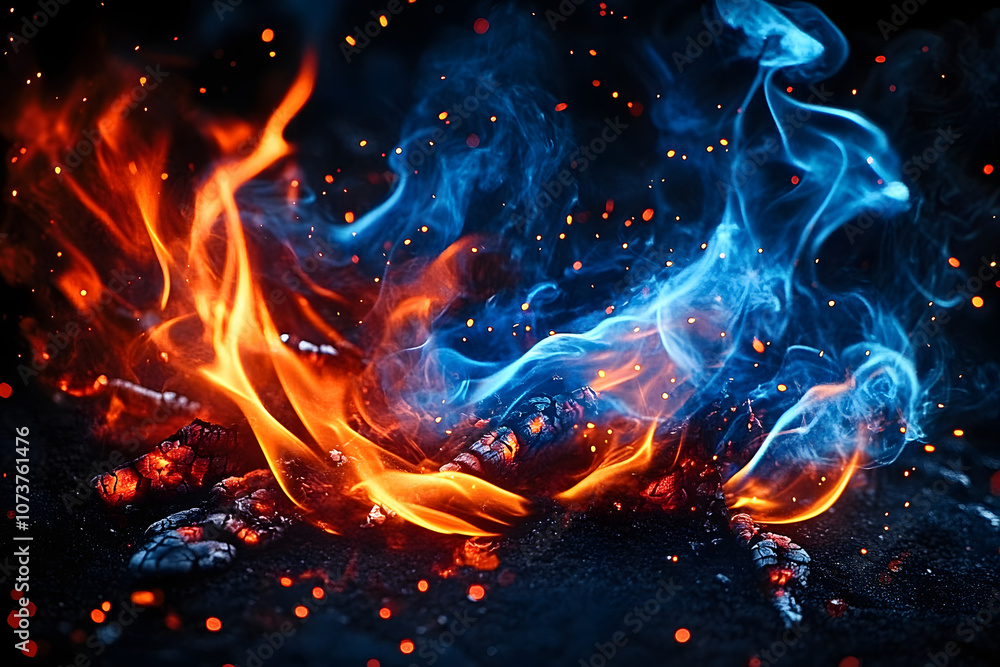 Abstract blue and red fire contrast on black background with flames and sparks Abstract blue and red fire contrast on black background with flames and sparks