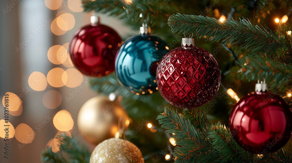 Naklejka premium Decorated Christmas tree with colorful ornaments, frosted branches, and warm bokeh lights in the background.