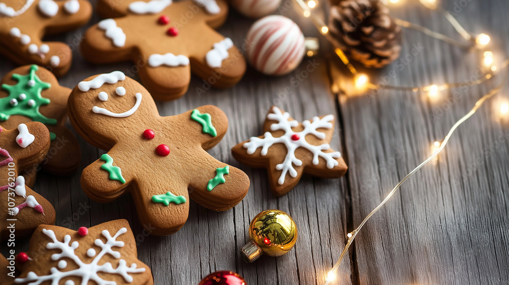 Festive Christmas cookies decorated with icing in various holiday shapes, surrounded by warm string lights. Festive Christmas cookies decorated with icing in various holiday shapes, surrounded by warm string lights.