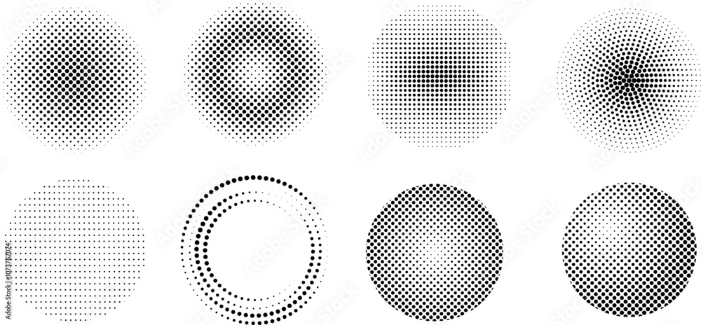 Set points create abstract circle or halftone polka dot , Gradien black dots arranged in geometric rows, Composing comic or cartoon scene, Vector illustration.