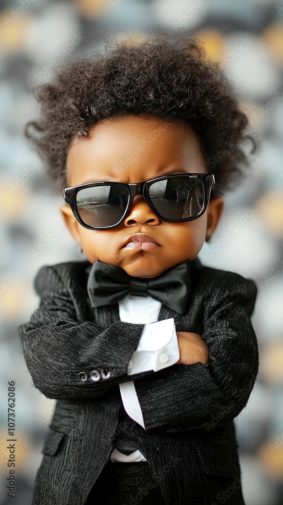 Doll in tuxedo with shades and bow, arms folded, facing camera Doll in tuxedo with shades and bow, arms folded, facing camera