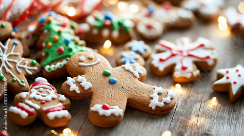 Festive Christmas cookies decorated with icing in various holiday shapes, surrounded by warm string lights.