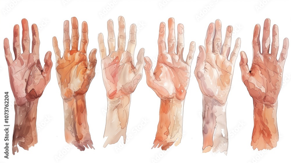 A series of hands in various skin tones are presented artistically in a watercolor style, showcasing diversity and beauty through different textures and shades. A series of hands in various skin tones are presented artistically in a watercolor style, showcasing diversity and beauty through different textures and shades.