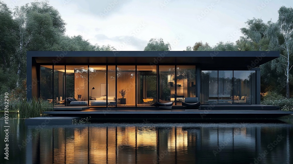 Modern black house with large windows and a deck overlooking a pond at dusk. Modern black house with large windows and a deck overlooking a pond at dusk.