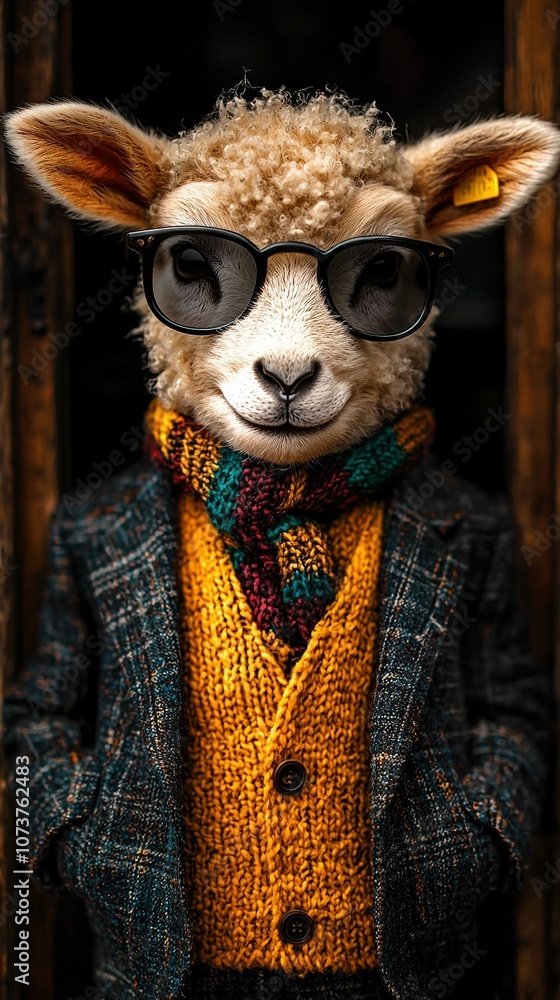 A close-up portrait of a bear in a suit, tie, and scarf with glasses perched on its head A close-up portrait of a bear in a suit, tie, and scarf with glasses perched on its head