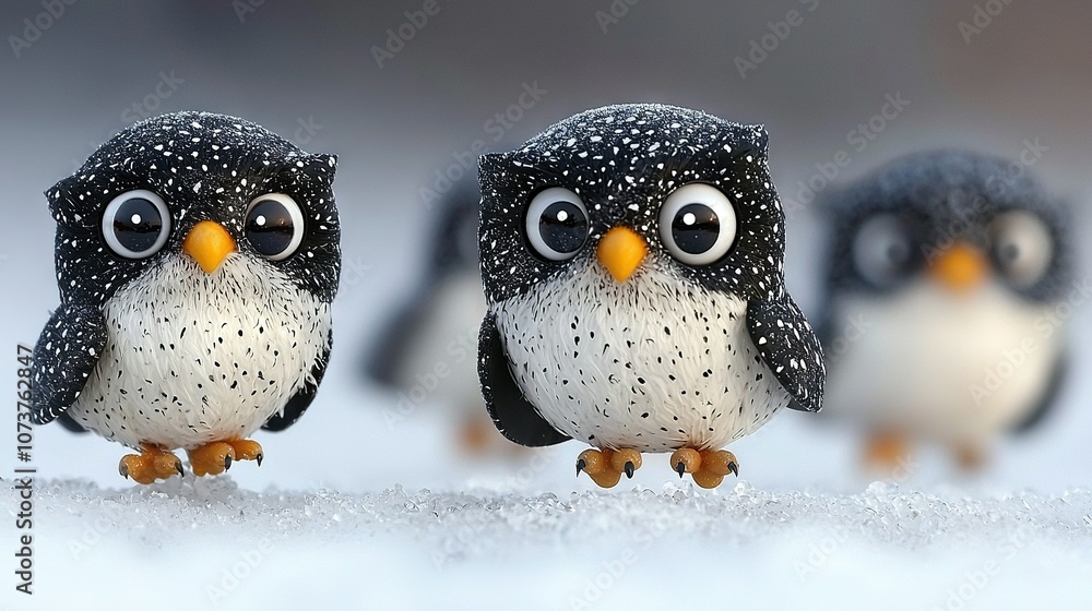   Three small penguin figurines on snow-covered ground with other figurines in background