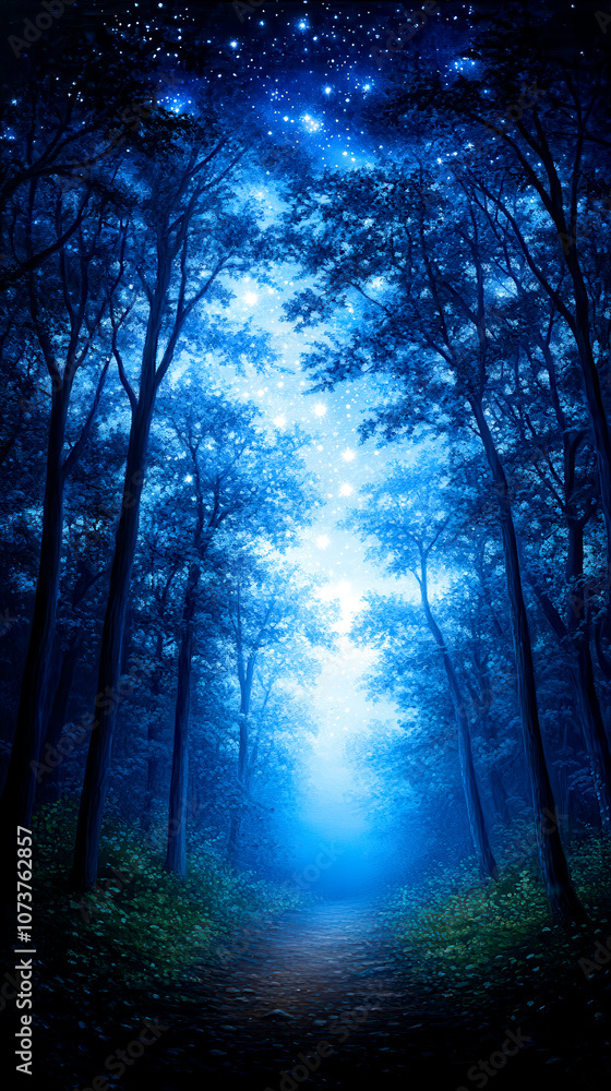 Fototapeta premium Mysterious blue forest pathway illuminated by soft light, surrounded by tall trees and a starry sky above, creating a tranquil and enchanting atmosphere.
