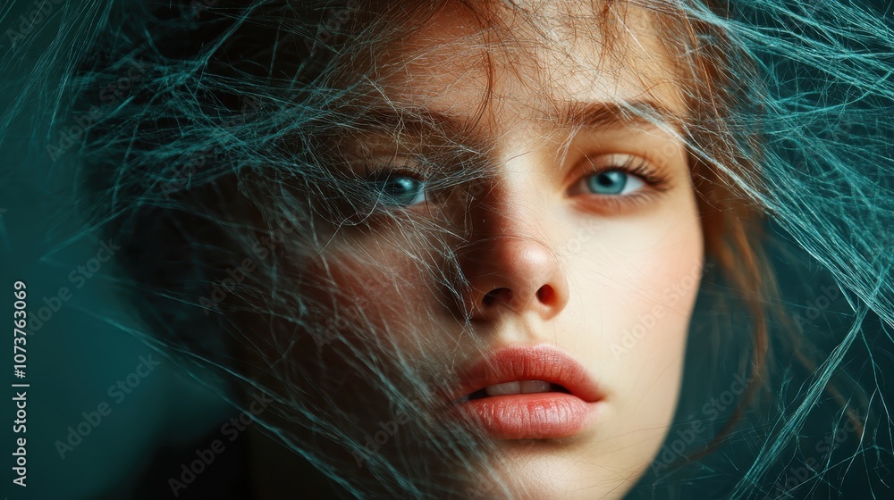 An ethereal portrait of a woman with delicate wisps of hair veiling her face, emphasizing a dreamy, introspective mood and capturing an artistic, timeless style. An ethereal portrait of a woman with delicate wisps of hair veiling her face, emphasizing a dreamy, introspective mood and capturing an artistic, timeless style.