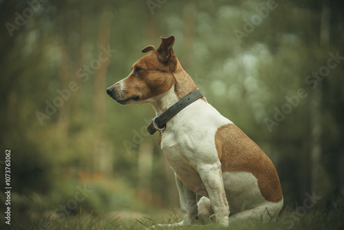 Jack Russell is a medium-sized terrier with short hair and a collar.A breed of hunting dogs bred for fox hunting.A small dog is sitting on the green grass.