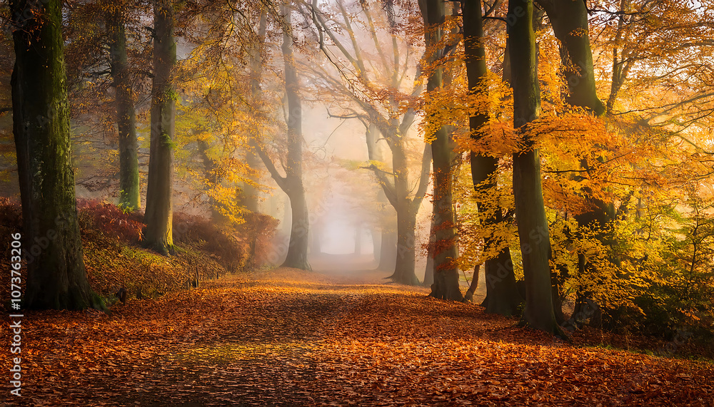 Fototapeta premium A misty forest path is flanked by trees with leaves in hues of gold and russet, litteri_1(138)