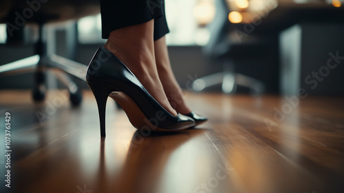 Woman's legs in black high heels resting on a chair with a blurred, elegant bokeh background.