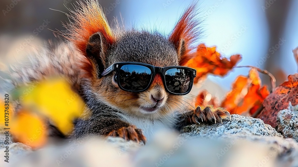 Squirrel with sunglasses in foreground, tree with orange leaves in backdrop Squirrel with sunglasses in foreground, tree with orange leaves in backdrop