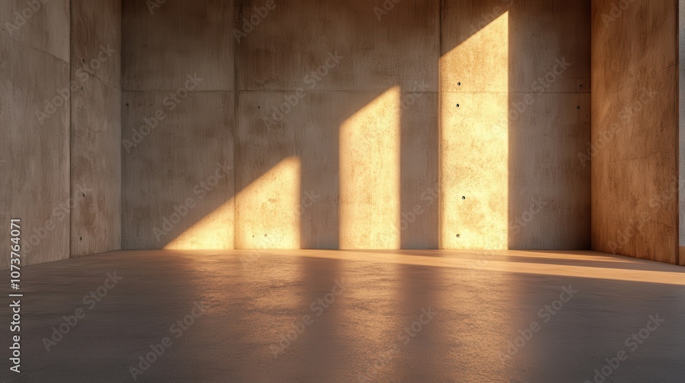 A minimalistic concrete room bathed in sunlight, casting dramatic shadows on the walls and floor, emphasizing the stark beauty and simplicity of the space. A minimalistic concrete room bathed in sunlight, casting dramatic shadows on the walls and floor, emphasizing the stark beauty and simplicity of the space.