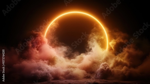 A magnificent celestial eclipse highlighted by a bright, illuminating ring enveloped in vibrant clouds, depicting a heavenly spectacle in the expansive night sky.