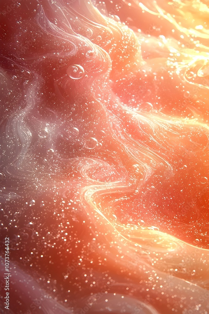Fototapeta premium An abstract close-up of swirling liquid with bubbles, showcasing vibrant orange and pink hues, creating a dreamy, ethereal atmosphere.