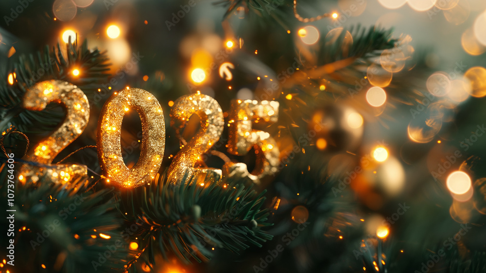 The numbers 2025 are volumetric and golden among the branches of a Christmas tree, selective focus. New Year 2025. Decorations and garlands on a Christmas tree. Festive background The numbers 2025 are volumetric and golden among the branches of a Christmas tree, selective focus. New Year 2025. Decorations and garlands on a Christmas tree. Festive background