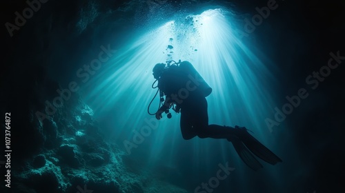 Wallpaper Mural A scuba diver's silhouette is captured in an underwater cave, with beams of light pouring through, emphasizing mystery, solitude, and natural wonder under the sea. Torontodigital.ca