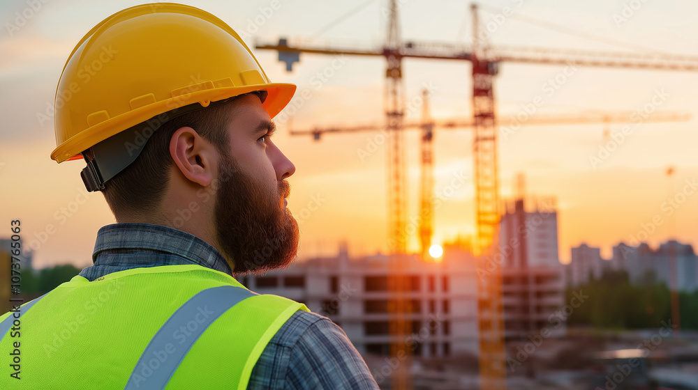 Construction worker wearing a hard hat and safety vest with cranes and buildings in the background at sunset. Construction worker wearing a hard hat and safety vest with cranes and buildings in the background at sunset.