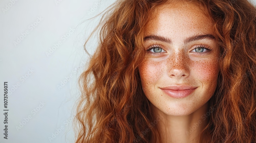This portrait showcases a young woman with bright red, curly hair and striking freckles, smiling softly against a serene, light background exemplifying natural beauty. This portrait showcases a young woman with bright red, curly hair and striking freckles, smiling softly against a serene, light background exemplifying natural beauty.