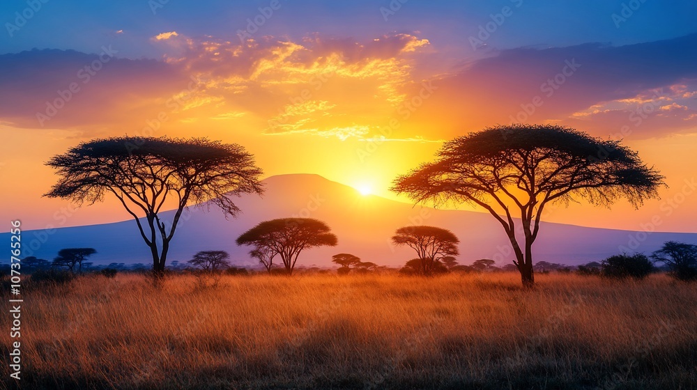 Silhouetted acacia trees stand tall against a vibrant sunset over a savanna, a mountain range in the distance. Silhouetted acacia trees stand tall against a vibrant sunset over a savanna, a mountain range in the distance.